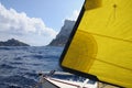 Sailing Catamaran with yellow sails in Ibiza Spain Royalty Free Stock Photo